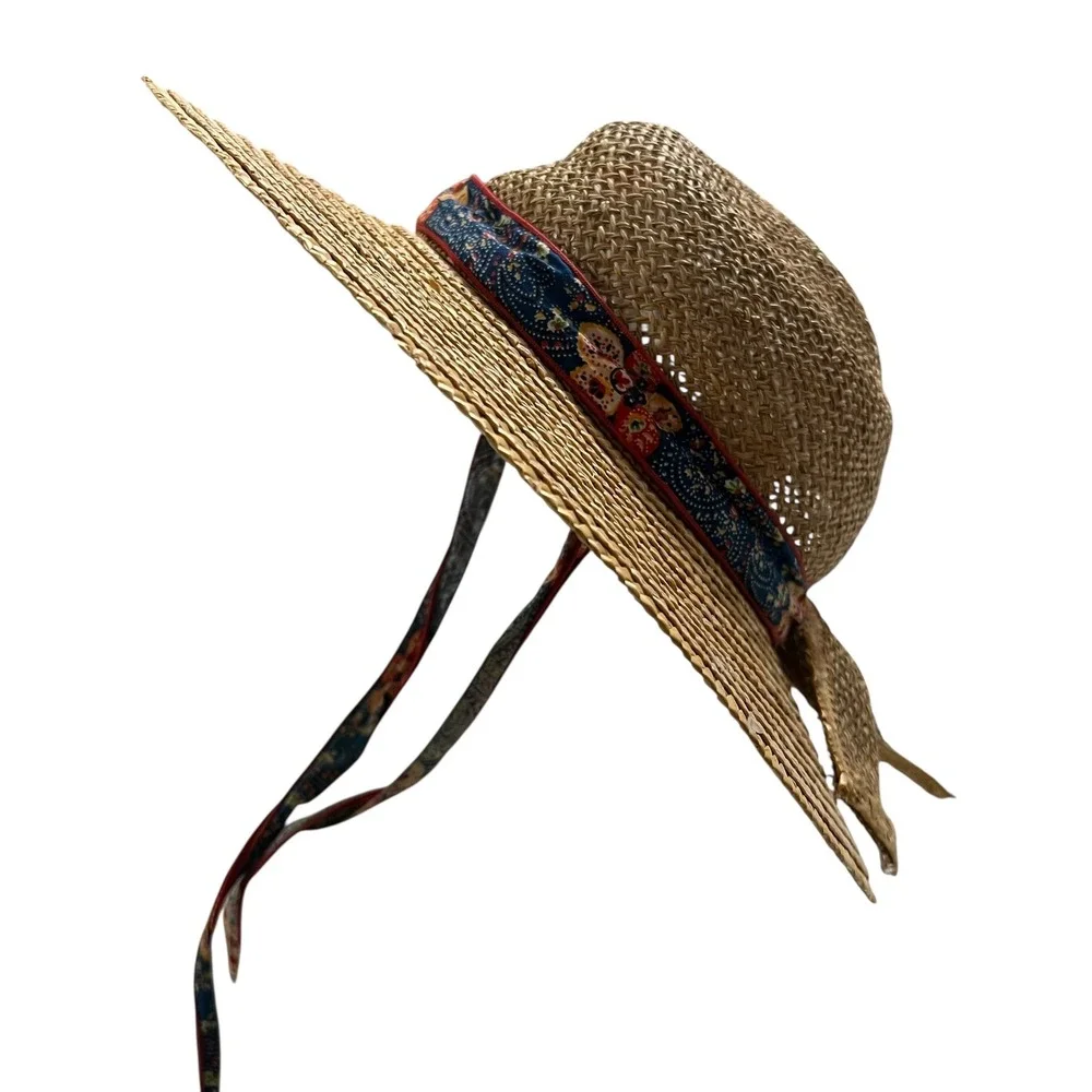 Vintage GitanoCottagecore Natural Straw Sun‎ Hat Floral Print Ribbon Bow Accent